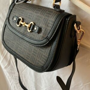 Anne Klein: Horsebit Flap satchel handbag- brown/black